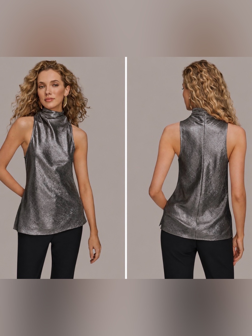 Donna Karan Metallic Mock Neck Sleeveless Top - Silver